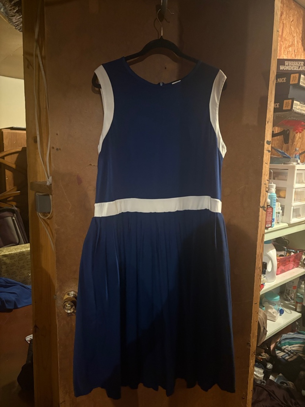Sleeveless Navy Midi Dress with White Trim